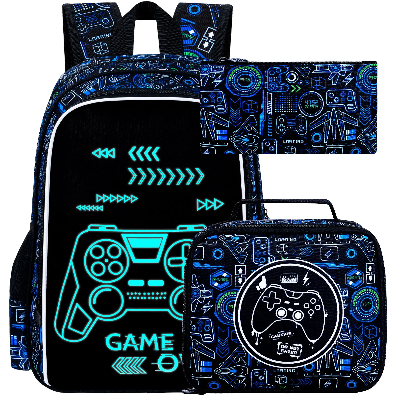

17 Inches Glow in The Dark Gamer Backpack for Boys, 3Pcs video Game School Bookbag Set for Teens, Laptop Backpacks with Lunch Ba