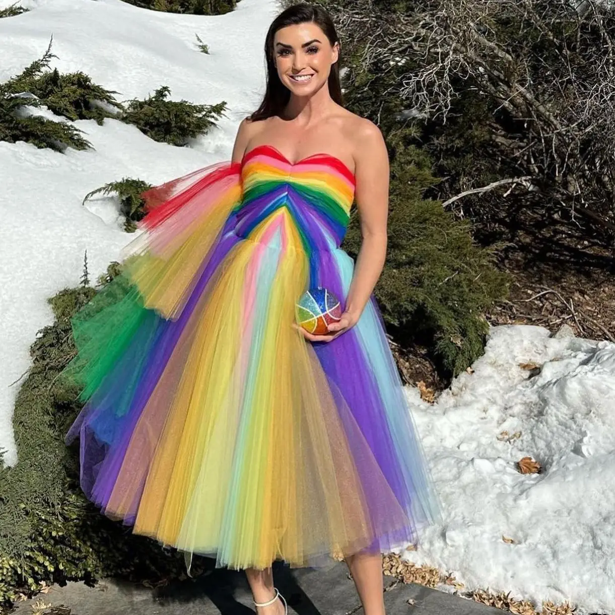 Strapless Midi Length Prom Dress A-line Rainbow Evening Dresses Elegant Summer Dress For Women Custom Made Ruffles Birthday Gown