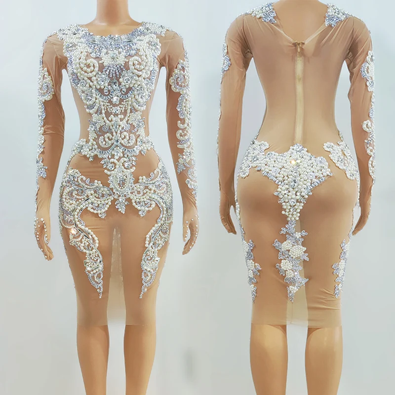 2025 เซ็กซี่ Rhinestones Slim Dress ชุดราตรีนักร้อง Performance Stage สวมใส่ลาก Queen เครื่องแต่งกายไข่มุกชุด yj010