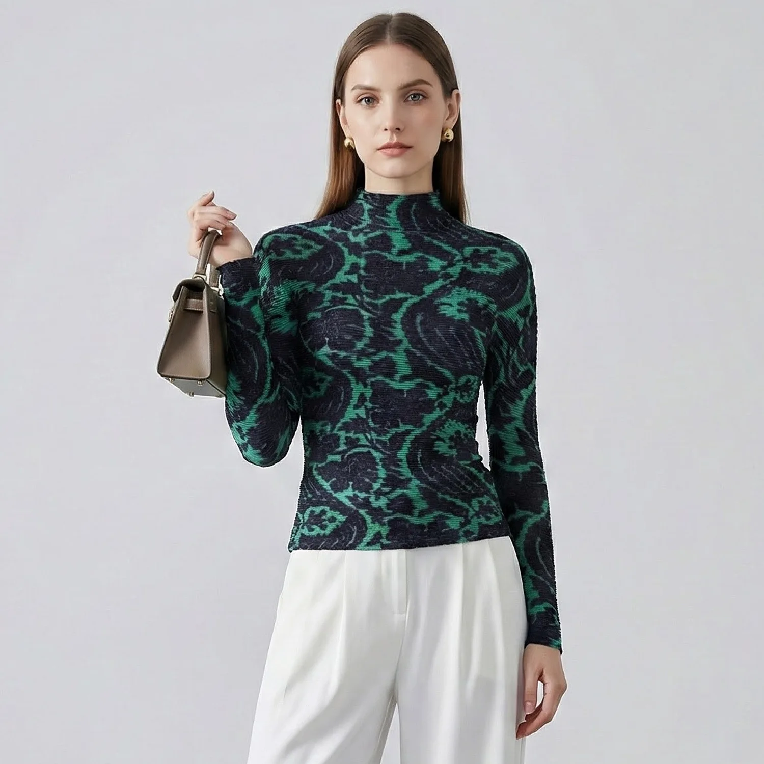 

Miyake Pleated Spring New Printing Bottoming Shirt 2026 Set Head Models Slim Thin Temperament Long-sleeved T-shirt Female Pleat