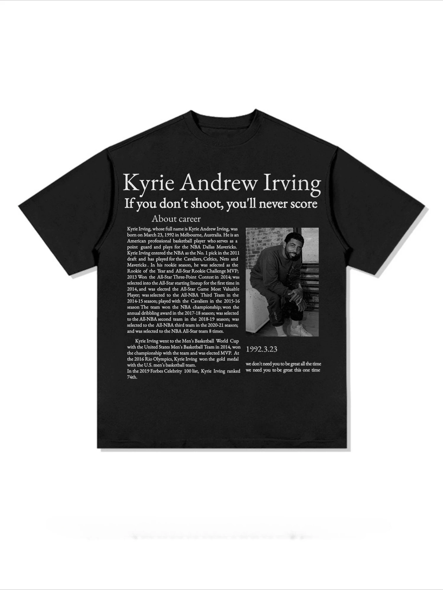 2026 Mavericks Kyrie Irving Career Edition Graphic Tee, Unisex Summer Short Sleeve, Chinese Fashion Basketball Streetwear