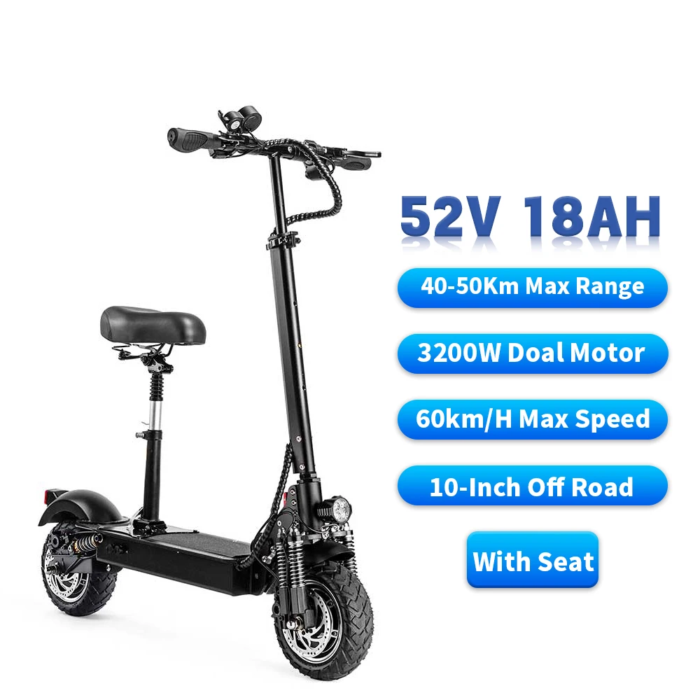 

Off-road Electric Scooter For Adult with Seat Folding Waterproof Dual Motor 3200W 52V 18ah 60km/h 10 inch 40-50KM Range