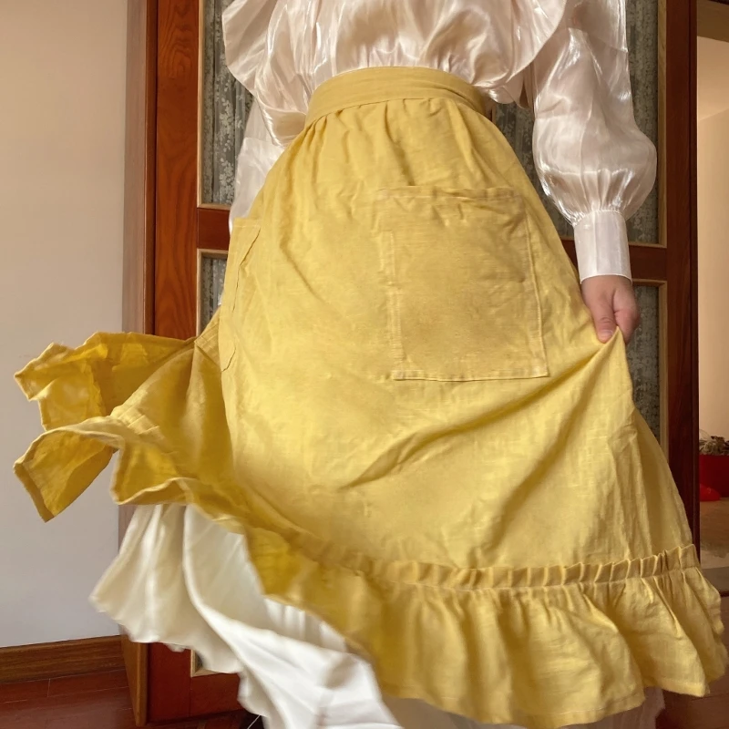 Vintage Ruffled Trim Cotton Half Long Apron with Tie Waist and Pockets for Kitchen Cooking Baking and Household Chores