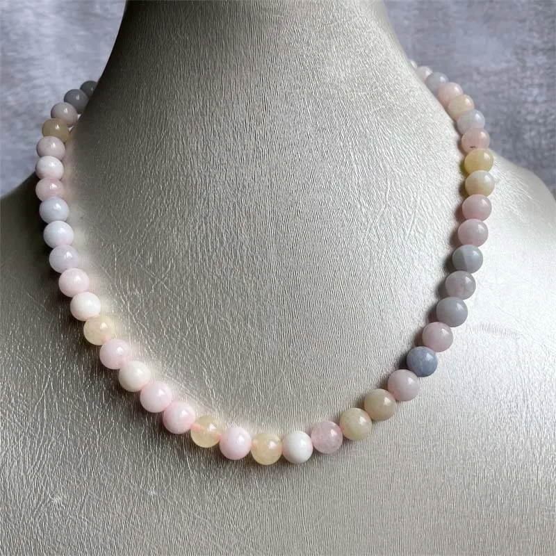 8MM Morganite Necklace Blue Pink Green Natural Stone Beads Jewelry Health Care Gemstone Protection Choker Healing Yoga Female