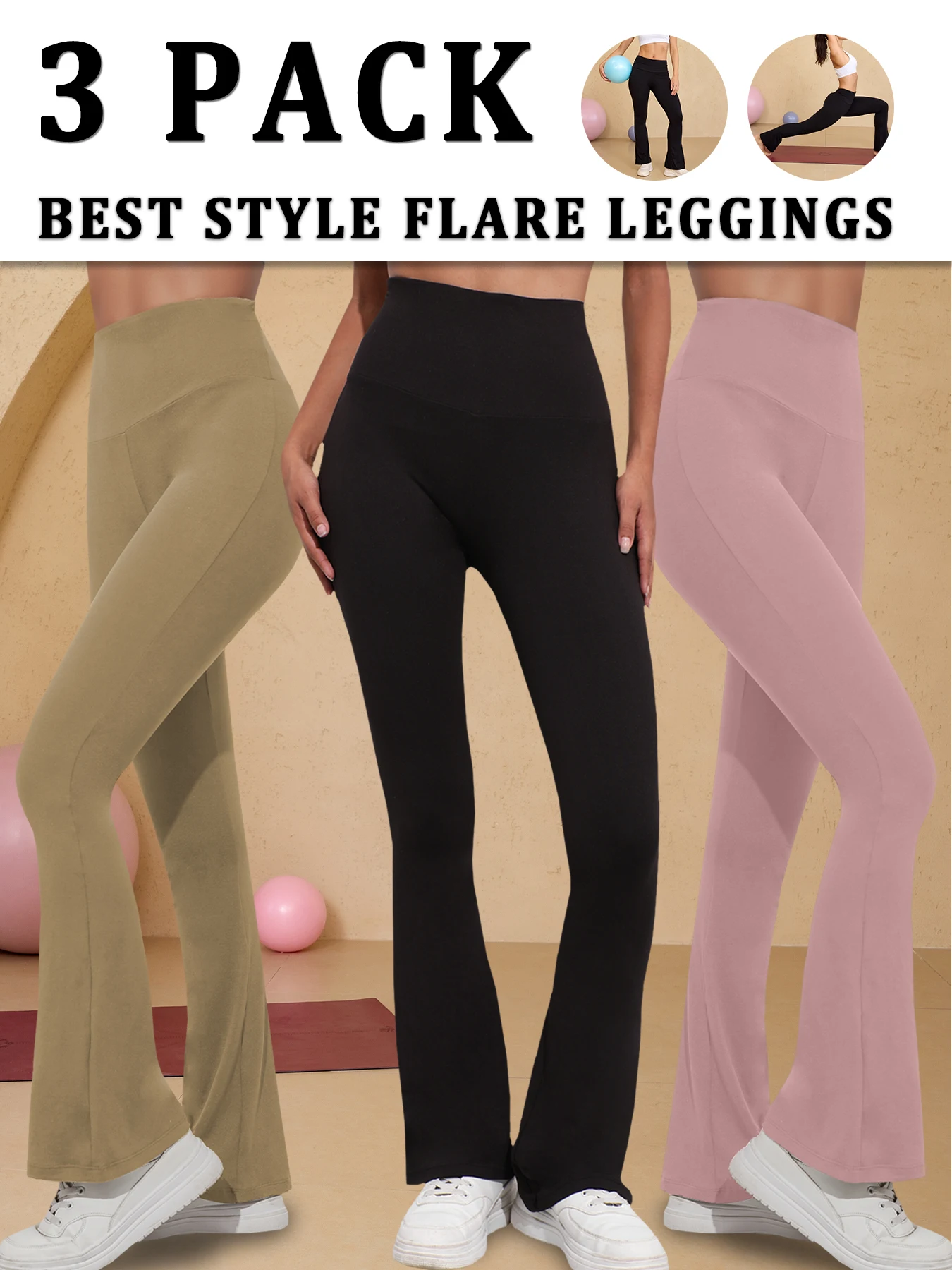 

3 Pack Women's Super Soft Flare Pants High Waisted Tummy Control Workout Yoga Push Up Gym Fitness Long Leggings Bell Bottoms