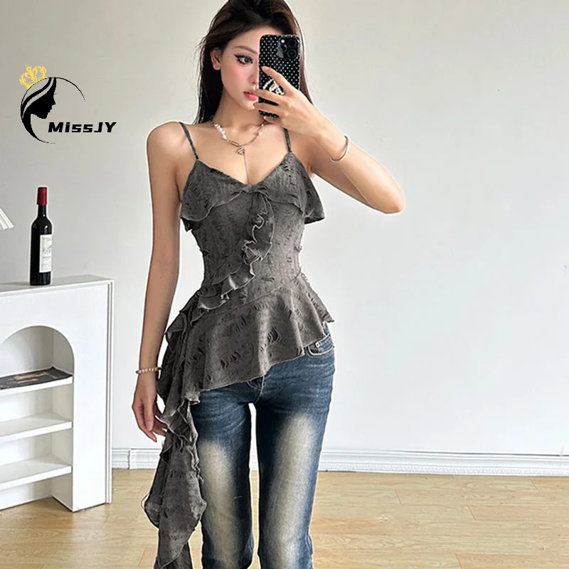 

Сексуальная однотонная майка без бретелек с нерегулярным подолом, облегающая майка, летняя сексуальная лоскутная майка с рюшами, нерегулярная потертая майка для женщин