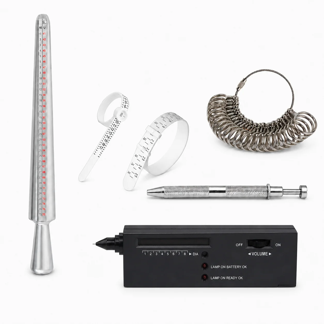 Jewelry Diamond Tester Kit With Ring Mandrel, Ring Sizer Gauges, 4-Prong Gem Holder And Measuring Tape For Ring Sizing And Gemstone Checking