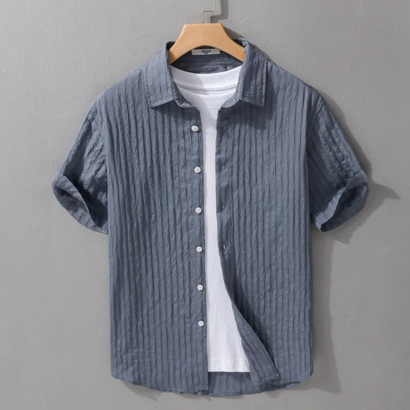 Pure Color Pleated Short Sleeve Men's Shirt Summer Iron-Free Anti-Wrinkle Loose Commute Casual Top Breathable Moisture-Wicking