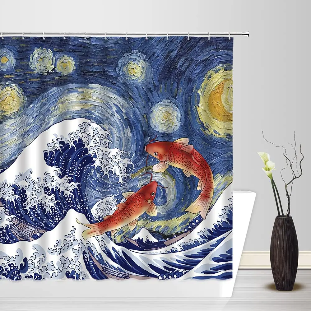 Japanese Wave Shower Curtains Oriental Vintage Wave Monochrome Kanagawa Inspired Antique Art Cloth Fabric Bathroom Decor Set