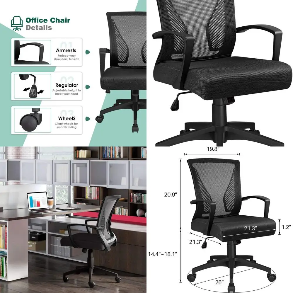 

Black Mesh Swivel Chair with Lumbar Support and Armrests for Ergonomic Office Use