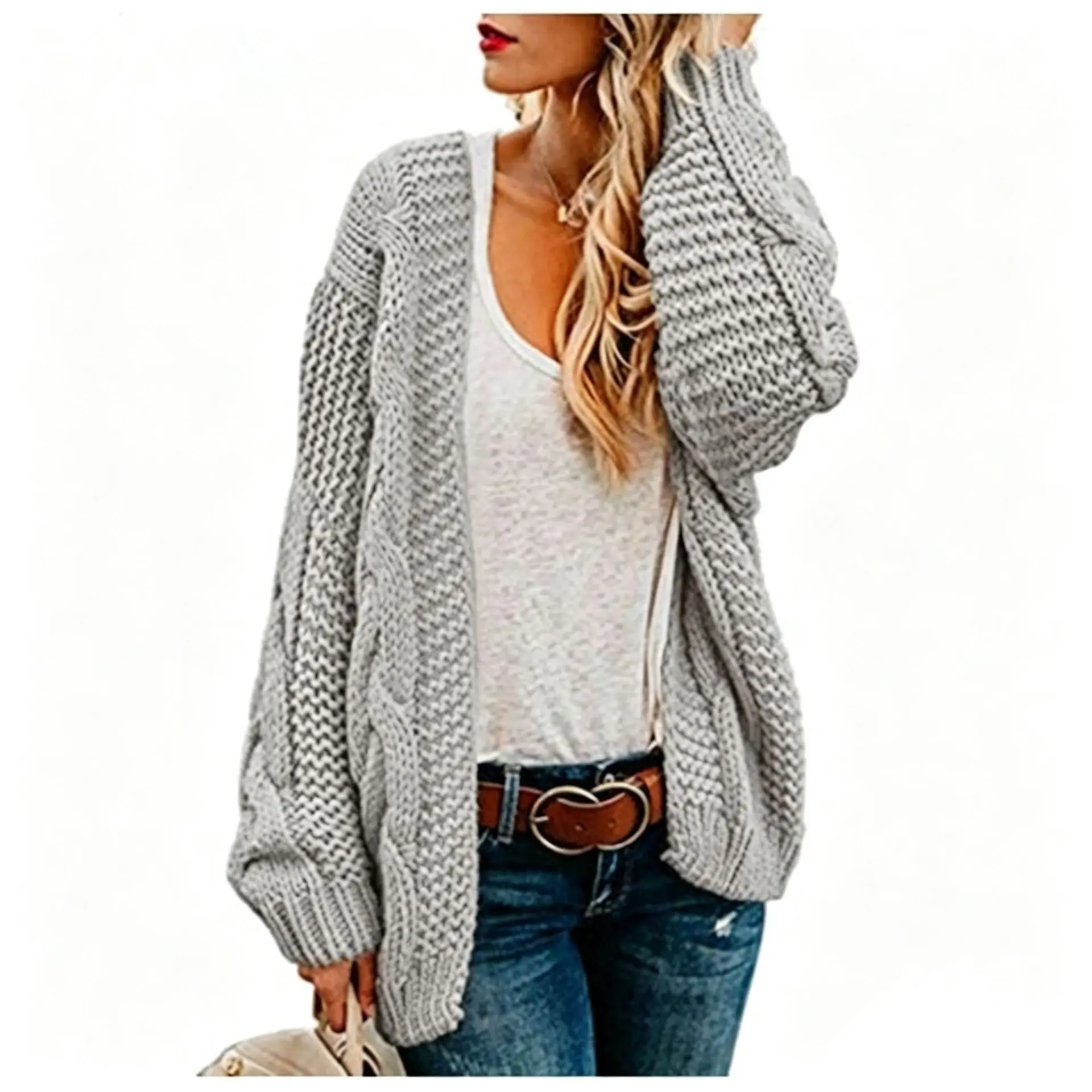 Women Open Front Cable Knit Cardigan Long Sleeve V Neck Loose Casual Knitted Outerwear Multi Color