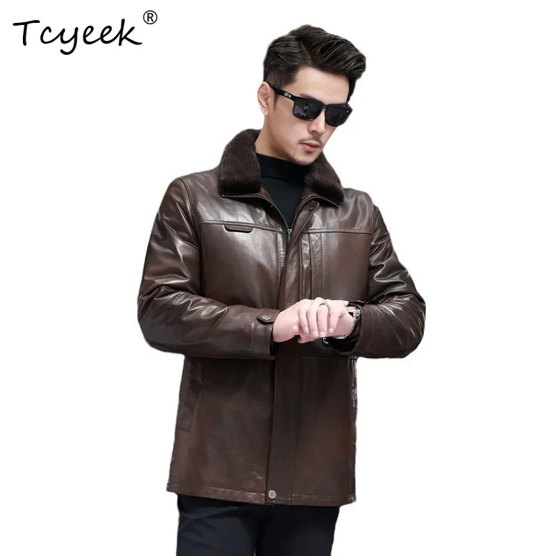

Tcyeek Goatskin Autumn Winter High End Trendy Lapel Detachable Mink Liner Brown Medium Long Men's Genuine Leather Jacket 가죽자켓