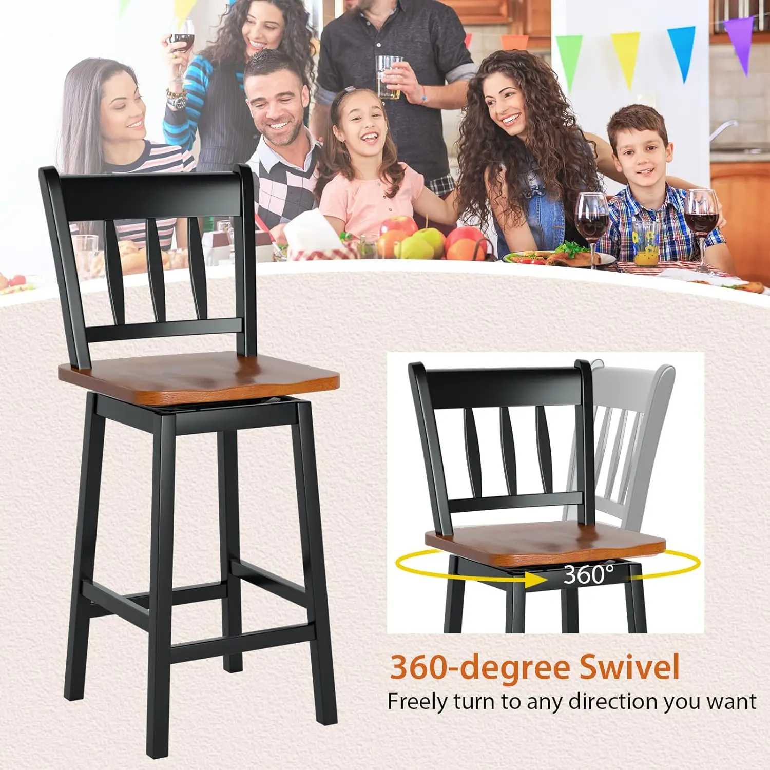 Costway Bar Stools Set Of 4, 24.5 Inch Solid Rubber Wood Bar Chairs With 360 ° Swiveling, Footrest, Swivel Counter Height