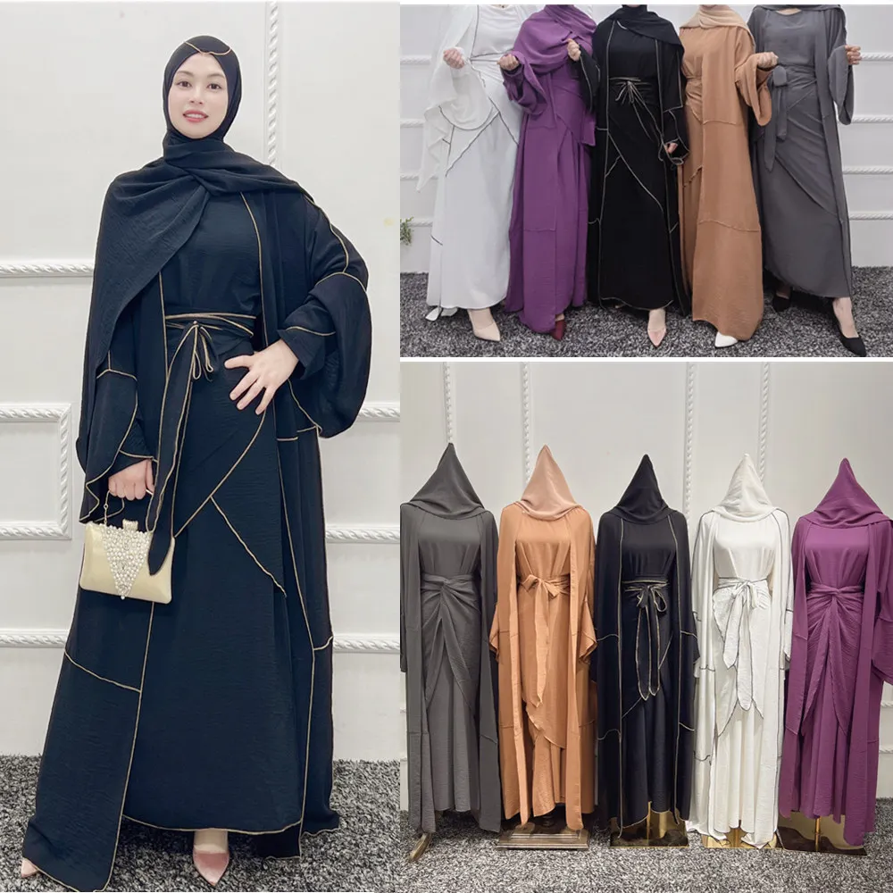 3 Piece Kimono Abaya Matching Muslim Set Hijab Plain Abayas for Women Dubai Turkey Inner Dress African Islam Outfit Kaftan Robe