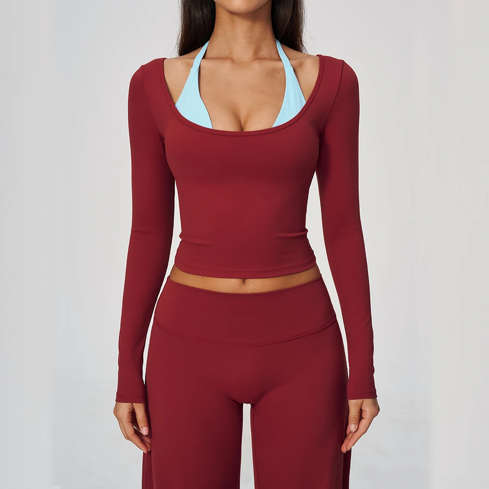 Women Yoga Long Sleeved Fitness Running Workout Gym T-shirt Top Color Contrast Scoop Neck Halter Detail Cropped Yoga Sports Top