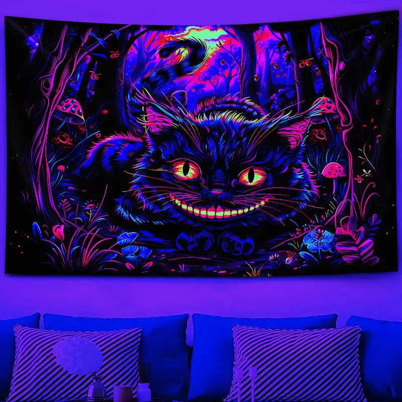 VIKAMA Cyberpunk Alice Cheshire Cat Neon Black Light Tapestry, Futuristic Wall Art for Bedroom Living Room Dorm