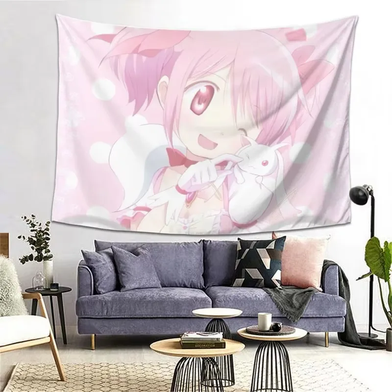 Madoka Magica Kawaii Tapestry, Madoka Kaname Kyubey Pink Polka Dot Wall Hanging for Bedroom Living Room Dorm Decor Gift