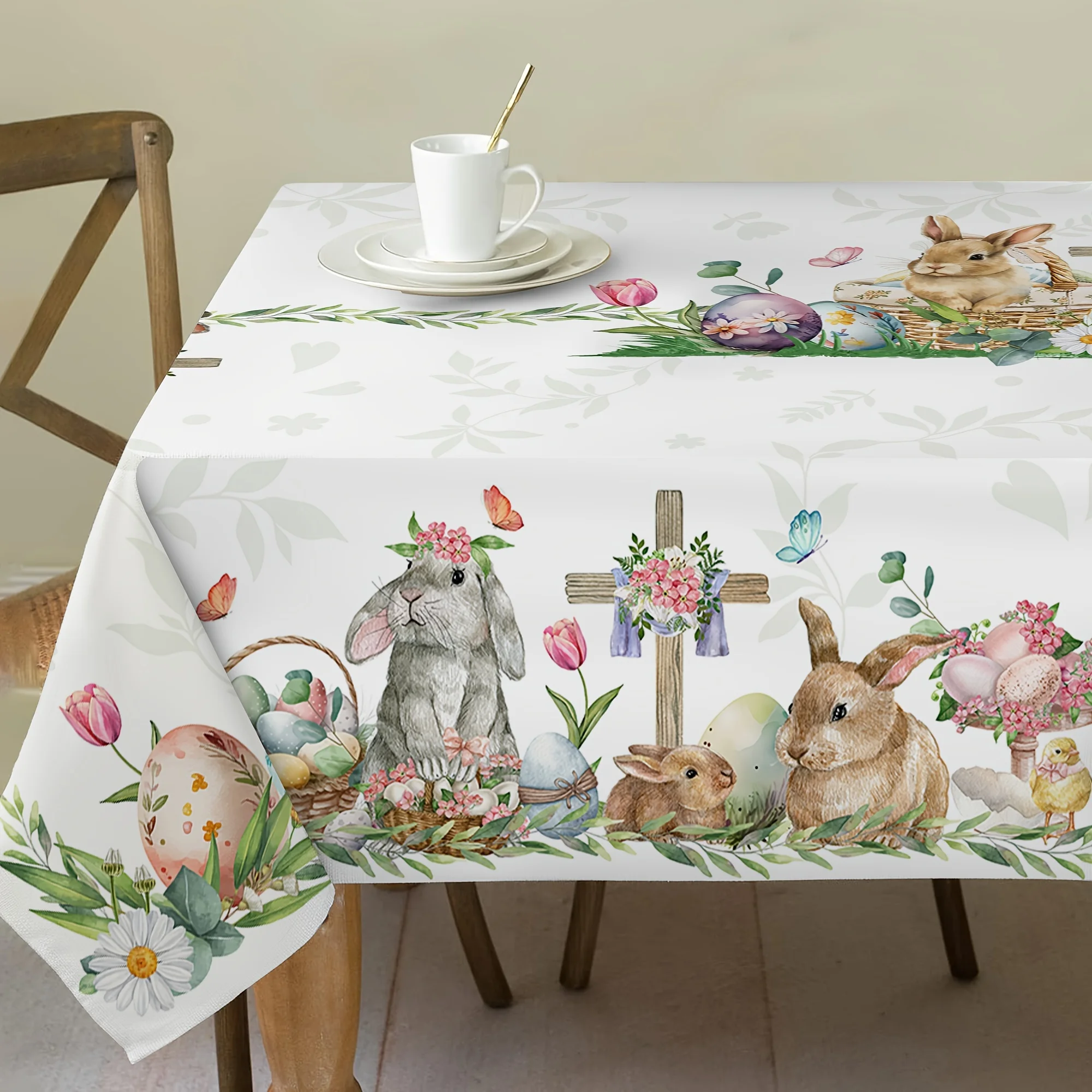 Easter Bunny Eggs Rectangle Waterproof Tablecloth Holiday Party Decor Farmhouse Kitchen Dining Tablecloth Easter Decorations