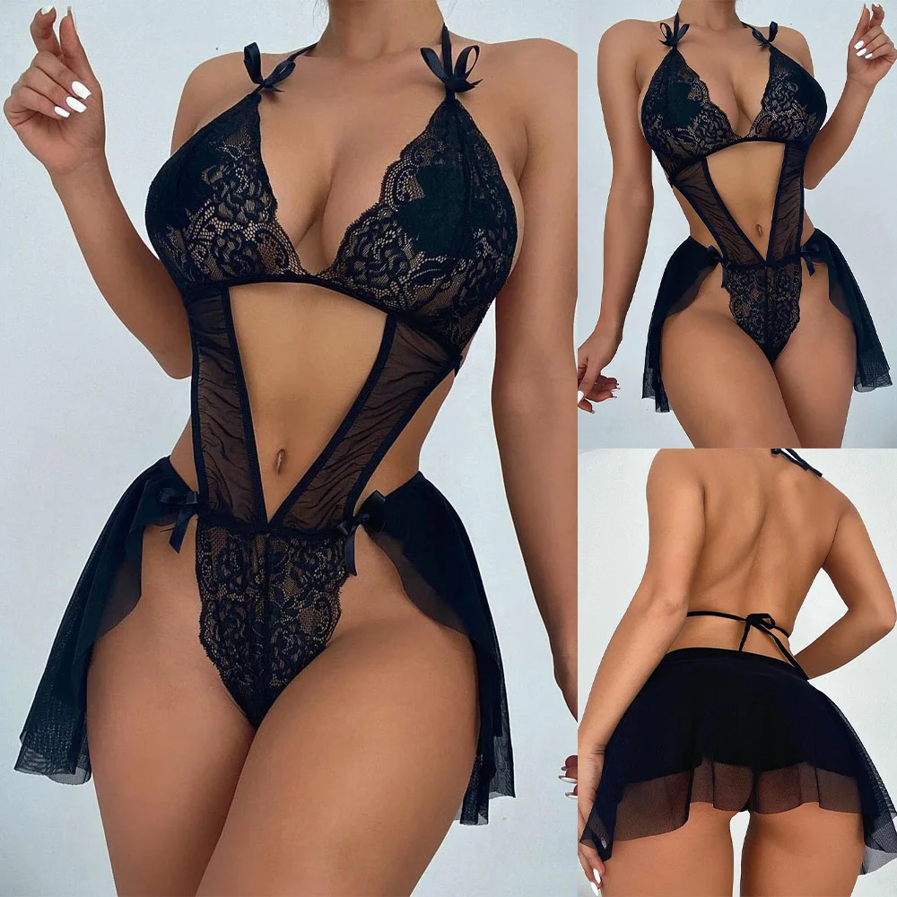 2024 Transparent Bra Set Deep V Teddy Sexy Lingerie For Women Sexy Sleepwear Lace Skirts Nightwear Underwear Teddy Robes Pajamas