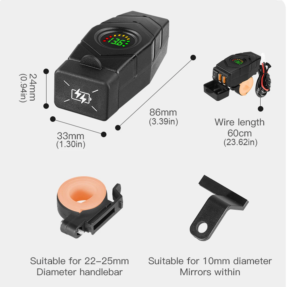 36W Power Adapter Socket with Switch Fast Charging Adapter Colourful LED Voltmeter Dual USB QC3.0 Motorcycle USB Charger 12V-24V