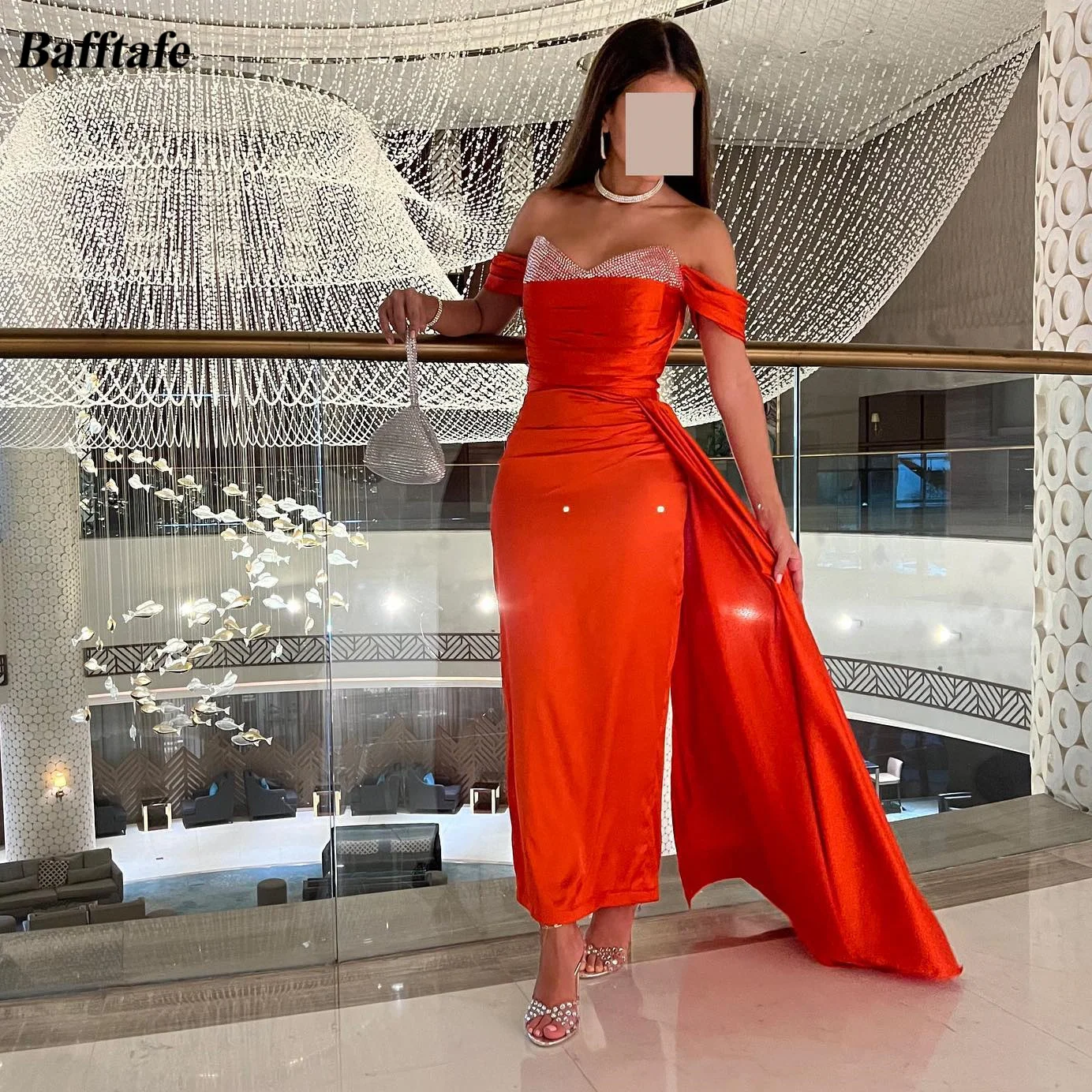 Bafftafe Orange Satin Mermaid Prom Party Dresses Beaded Overskirt Midi Women Formal Evening Gowns Wedding Bridesmaid Dress