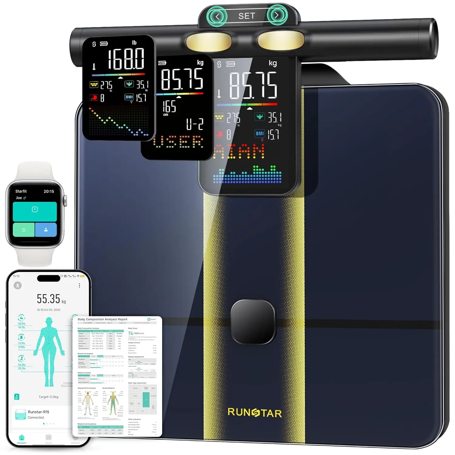 

Умные весы для анализа состава тела с 8 электродами, 28 показателями здоровья и синхронизацией с приложением для отслеживания фитнеса дома