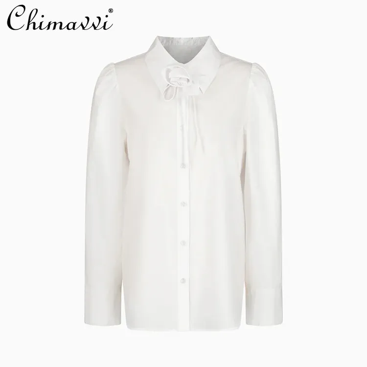 

New 2026 Japanese Style Fashion Women's White Shirts Three-dimensional Rose Sweet Elegant Long Sleeve Blouses Ladies Tops