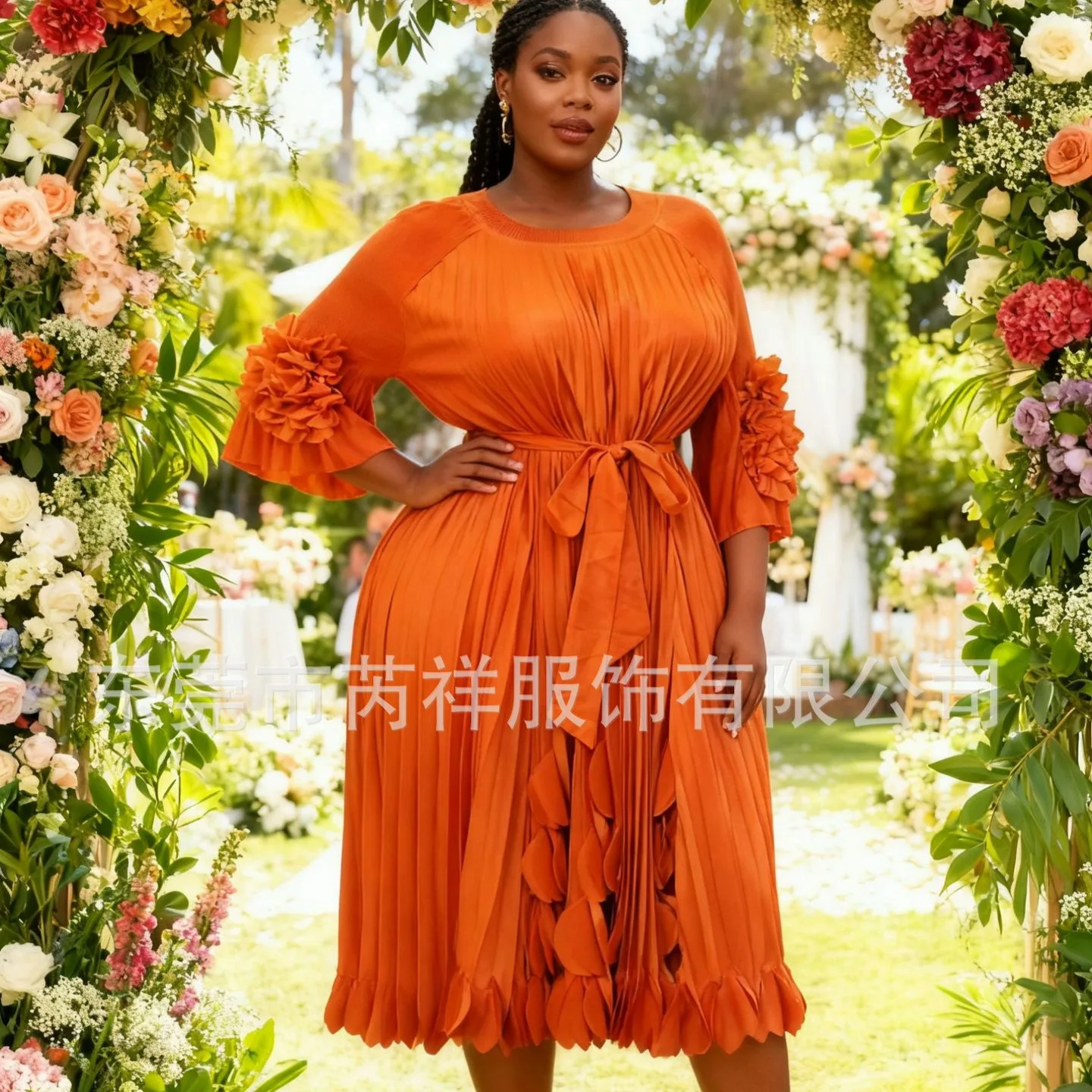 

Miyake Pleated 2025 New Spring and Summer Court Style Round Neck Solid Colour Hand-cranked Flowers Large Size Pleated Dresses