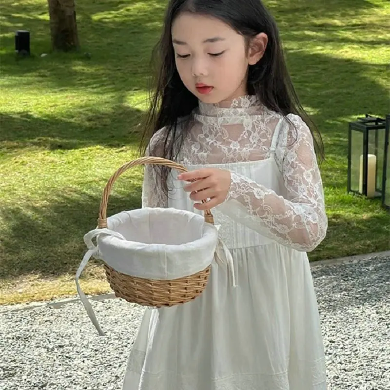 Girls' Set Lace Sheer Long Sleeve Base Shirt with Strap Dress2025Summer New Foreign Trade Children's Wear