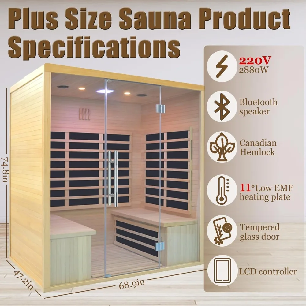 Far Infrared Sauna,11 Low EMF Far Infrared Carbon Panels with Tempered Glass Door 3-4 Person Hemlock Indoor Home Sauna Room