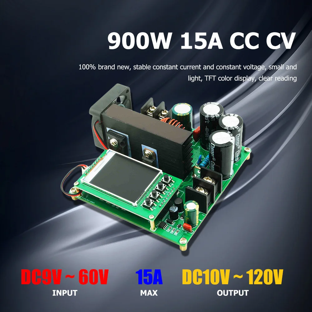 900W 15A Step Up Converter Booster TFT Digital Display DC-DC Boost Converter 8-60V To 10-120V Constant Current Voltage CC CV