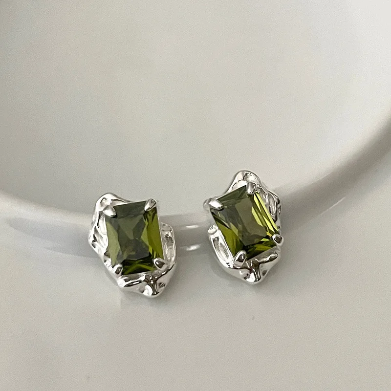 Vintage Personality 925 Sterling Silver Green Square Crystal Irregular Lava Stud Earrings for Women Girls Jewelry Accessory Gift