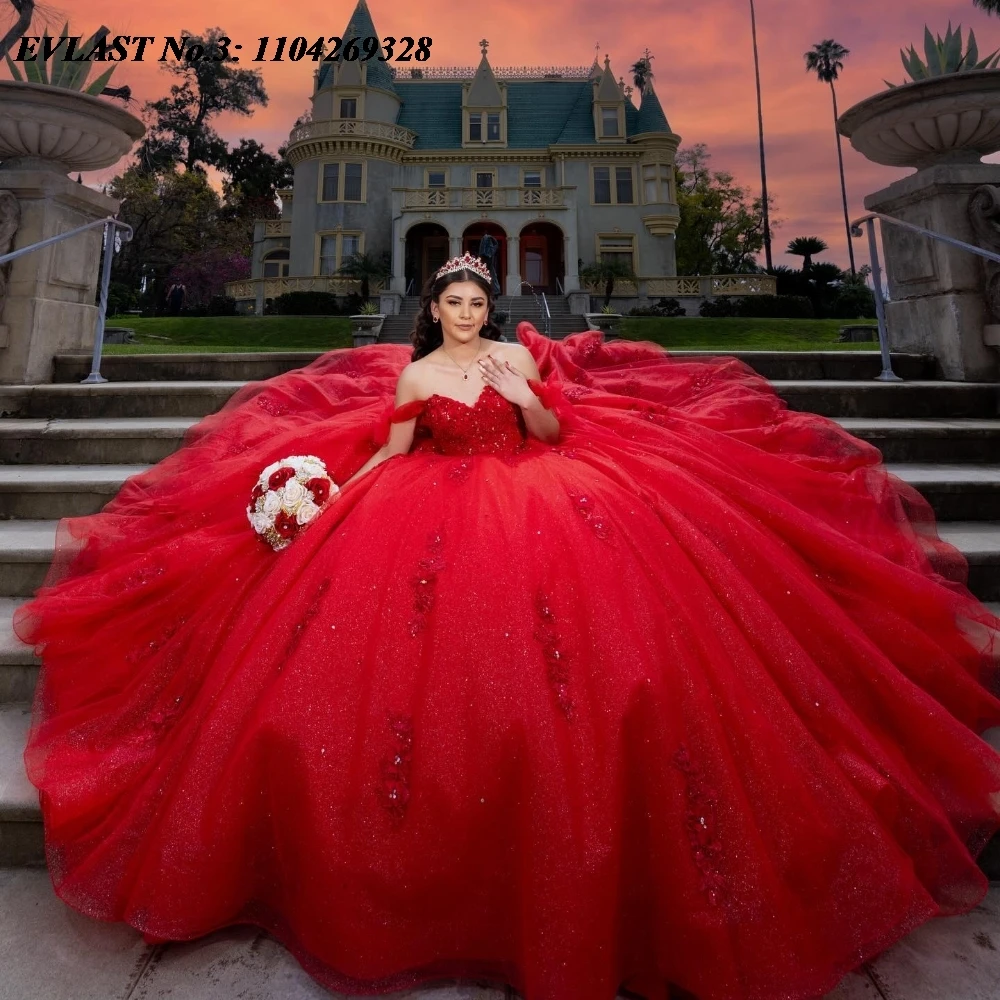 EVLAST Customized Princess Red Quinceanera Dress Ball Gown Tie Lace Applique Beading Corset Sweet 16 Vestido De 15 Anos E3Q196