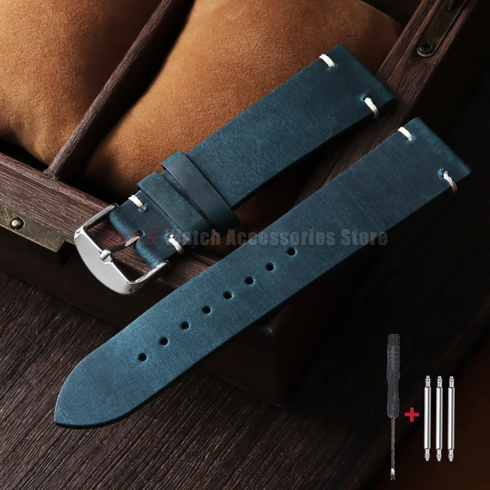 Vintage Weiches Ölwachs-Uhrenarmband 18mm 19mm 20mm 21mm 22mm 24mm Rindsleder-Uhrenarmband für Seiko Herren Crazy Horse Leder-Uhrenband
