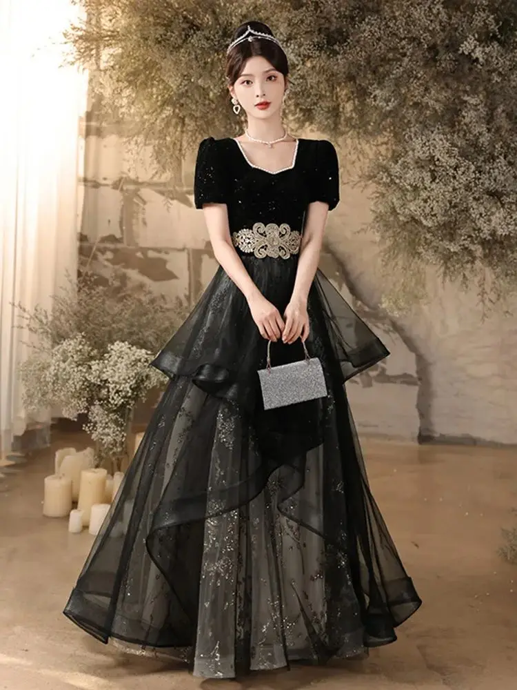 Elegancka sukienka wieczorowa z cekinami, długi rękaw, nowość 2025, damska, zimowa, dopasowana, rozkloszowana suknia balowa, klasyczna tiulowa sukienka z kwadratowym dekoltem.