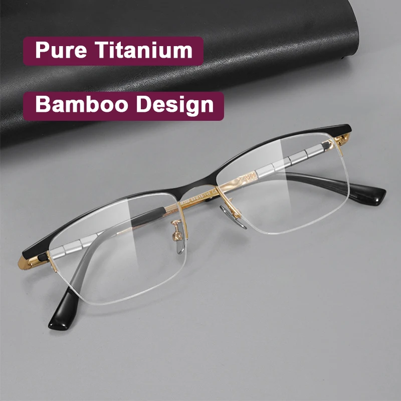 Men Business Half-frame Glasses Pure Titanium Square Eyeglasses Bamboo Knot Design Eyebrow Eyewear Gentleman Spectacle