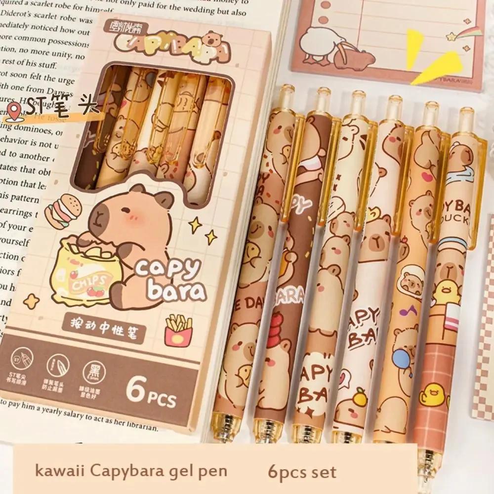 

6PCS Quick-Drying Cartoon Capybara Gel Pen Kawaii Black Ink Cute Writing Pen Aesthetic 0.5mm Gel Pen School
