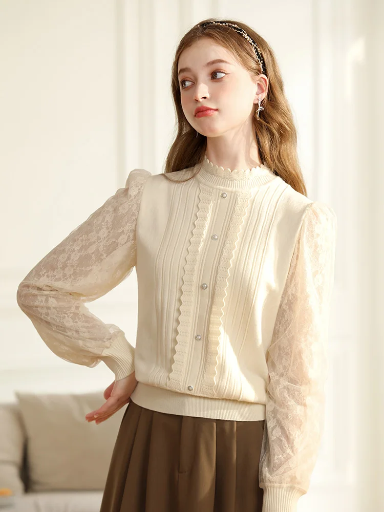 I BELIEVE YOU Sweater for Women 2023 Gentle Stand Collar Lace Long Puff Sleeve Winter New Sweet Soft Knitwears Female 2234145176