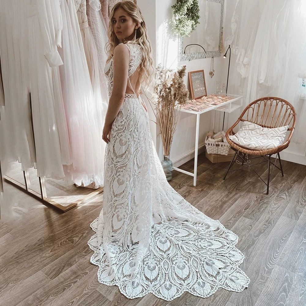 Boho Elopement Mermaid Wedding Dresses 2024 Backless Sleeveless Lace Rustic Bohemian Bridal Dresses Bride Gowns Customized