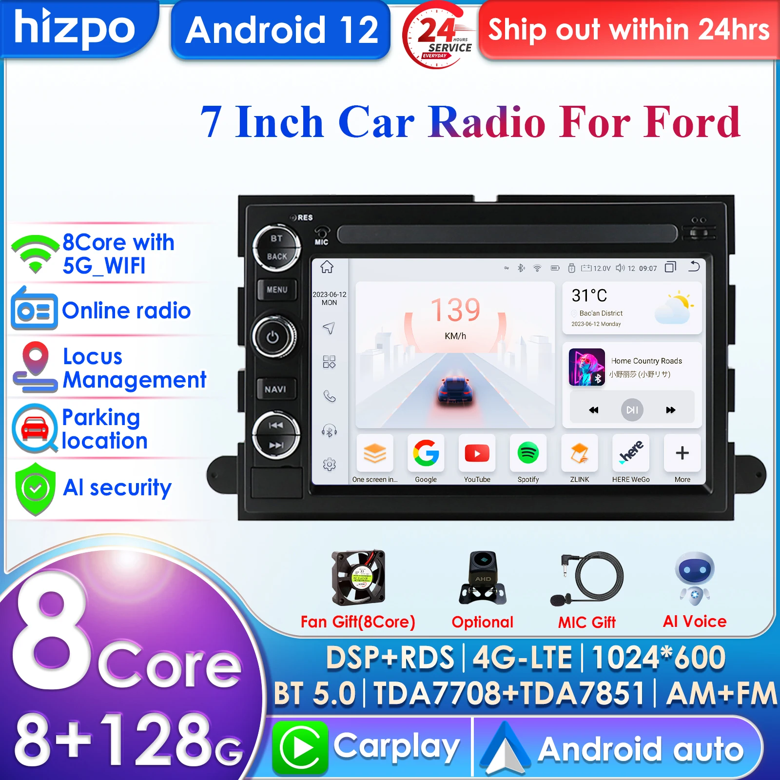 

Carplay 4G 7''2din Android Car Radio for Ford F150 F250 F350 Mercury Lincoln Taurus Explorer Mustang Expedition Escape Sport BT