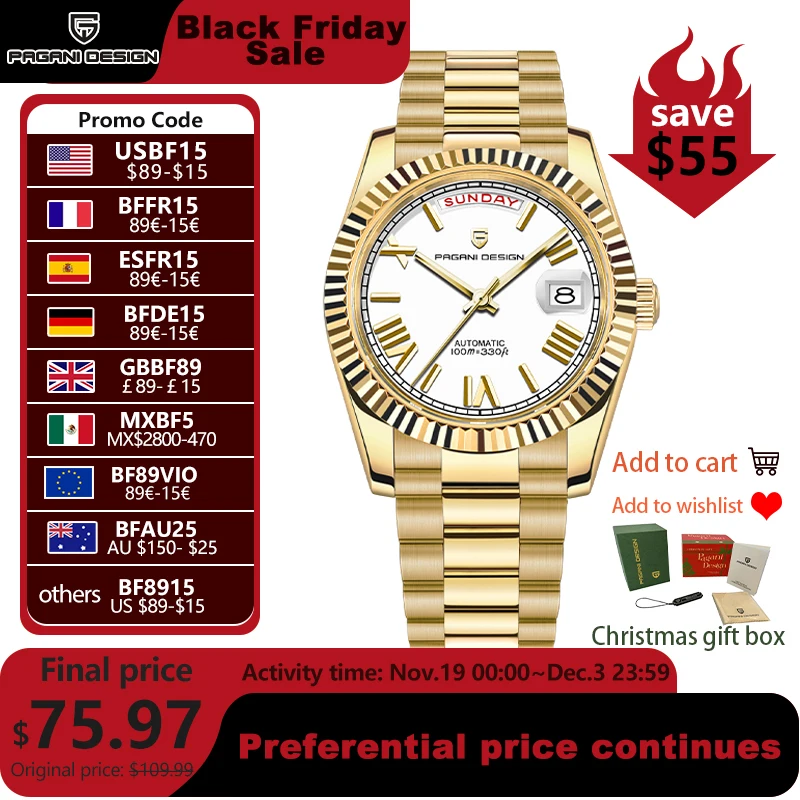 

PAGANI DESIGN Men's Watches DD40 Gold White Luxury Automatic Watch Men TMI NH36A Date Week Mechanical Watches For Men 2025 New