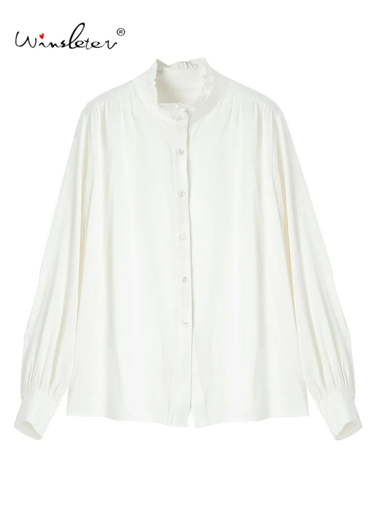 윈슬레터-19MM 92.3% 실크 7.7% 스판덱스 우아한 셔츠, 스탠드 러플, 여성 기품 출퇴근 블라우스, 2025 가을 신상 T59333CC