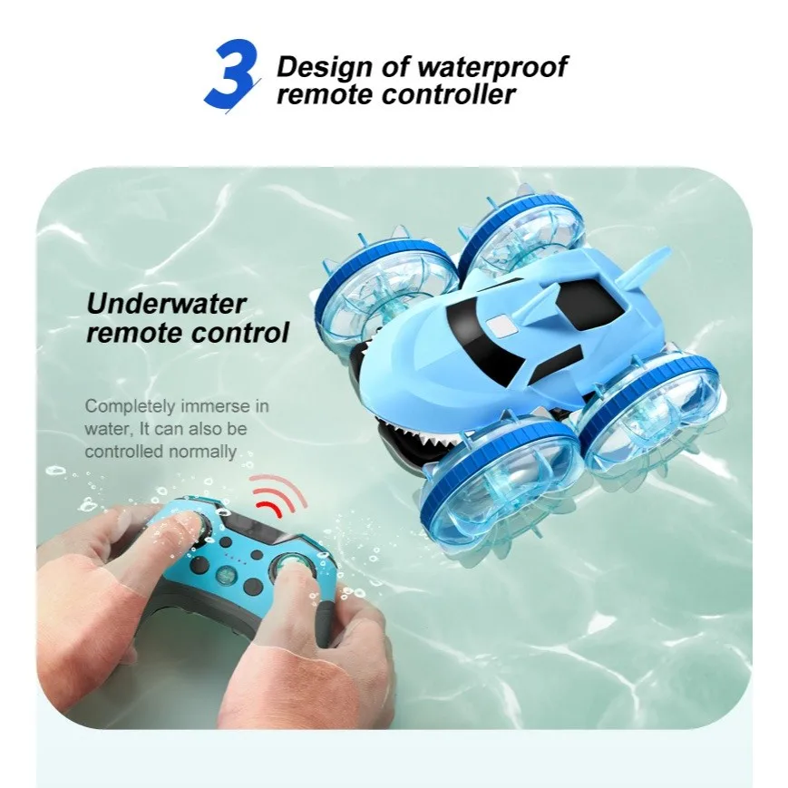 Carro dublê anfíbio atualizado com água e terra de tubarão à prova d'água com controle remoto duplo e luzes LED