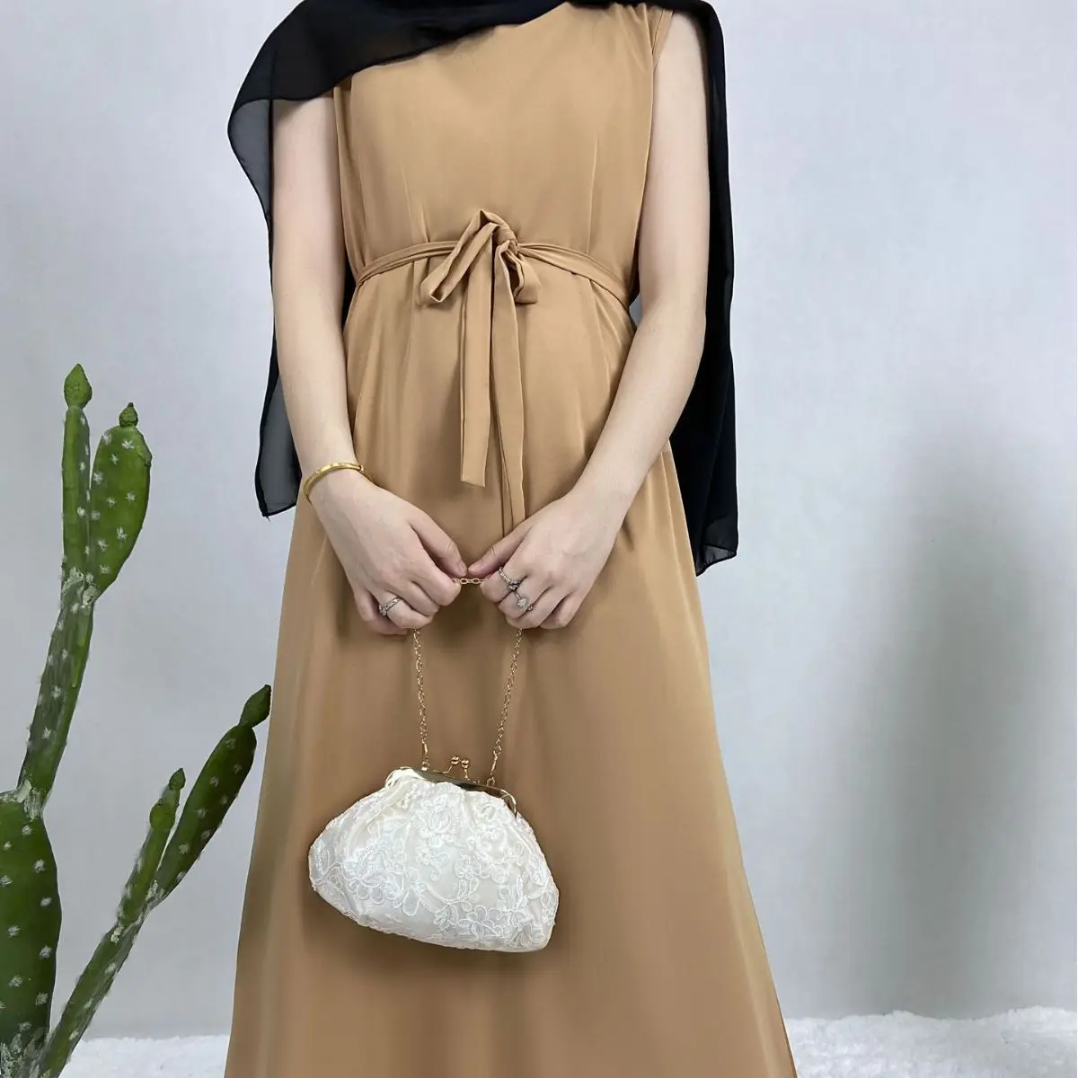 Islamic Inside Abayas  with Belt All-Match Solid Sleeveless Inner Muslim Dress Women Abaya Dubai Turkey Arabic  long dresses