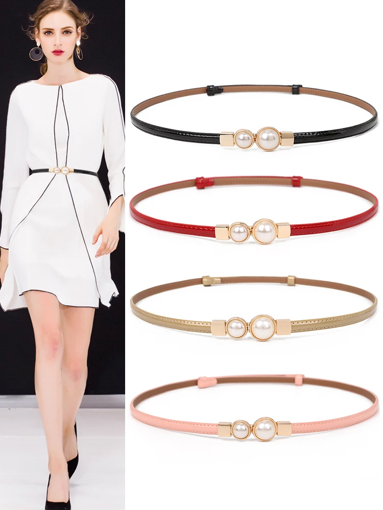 Casual New Genuine Leather Glossy Pearl Women's belt  Decorative And Skirt Waist Buckle With Thin Waist Women's belt Luxury