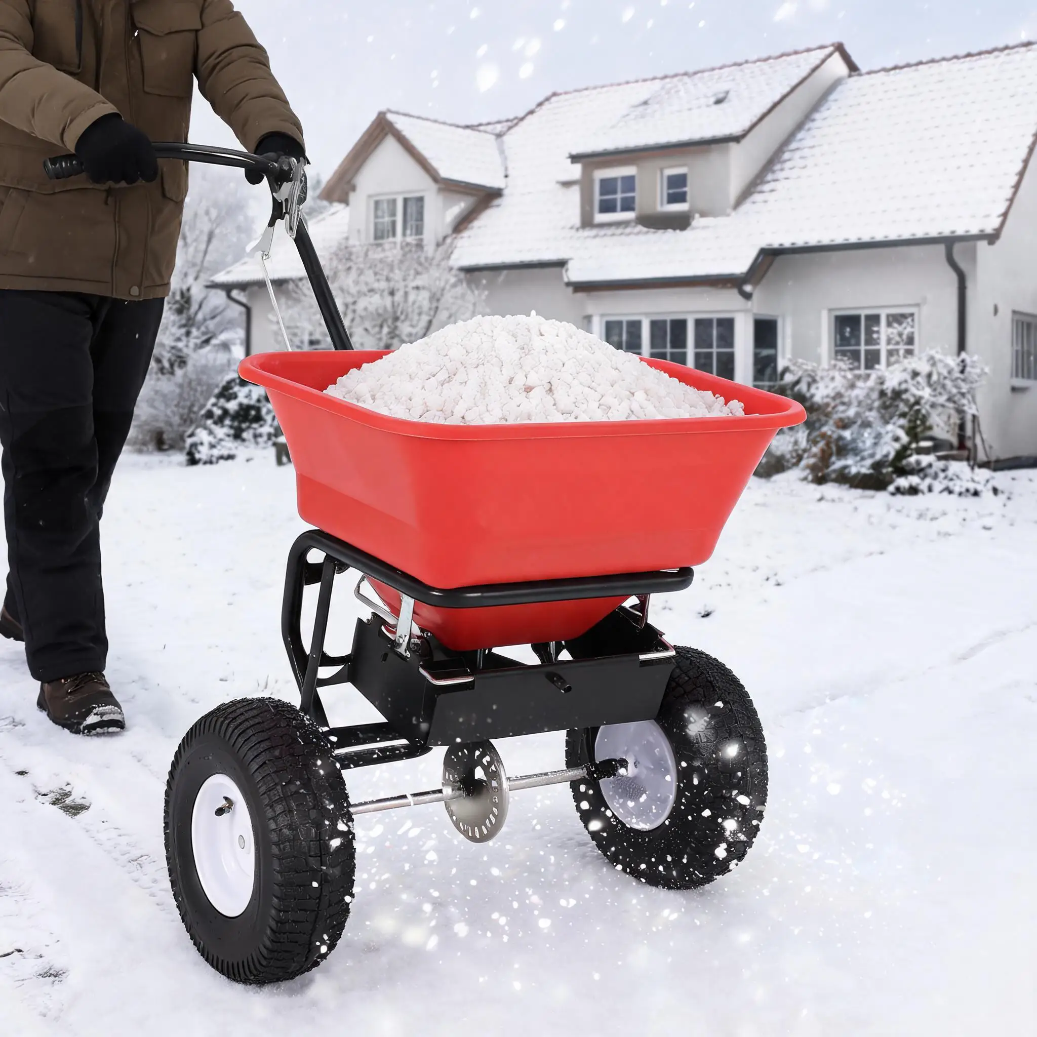 45L Heavy-Duty Broadcast Spreader for Seed Fertilizer & Ice Melt Walk-Behind with All-Terrain Rubber Tires  Adjustable current Control  Pre-Assembled