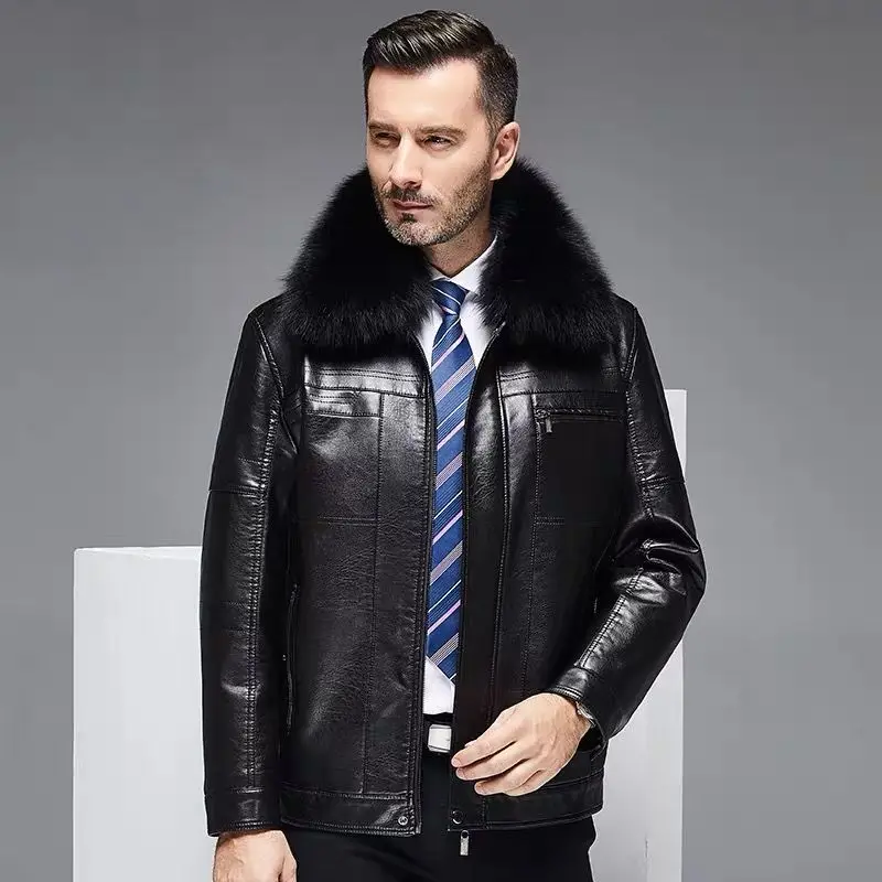 Natural Leather Jacket For Men With Fur Collar Add Velvet Thick Short Lapel Brown Genuine Leather Mens Jacket Sheepskin Coat Man