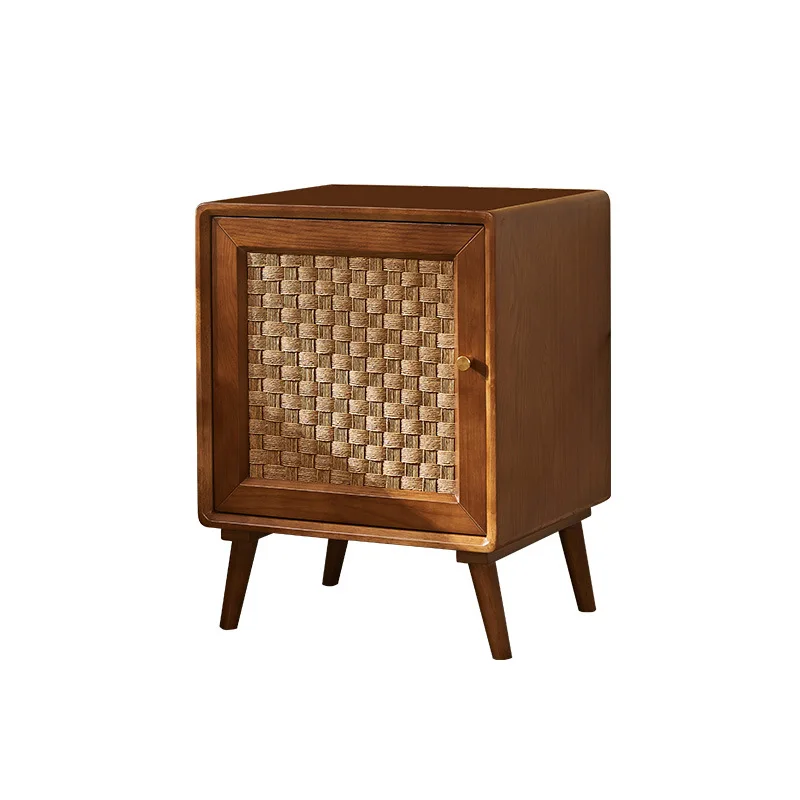 

Solid wood bedside table Modern simple bedroom storage locker Rattan small apartment household mini small shelf