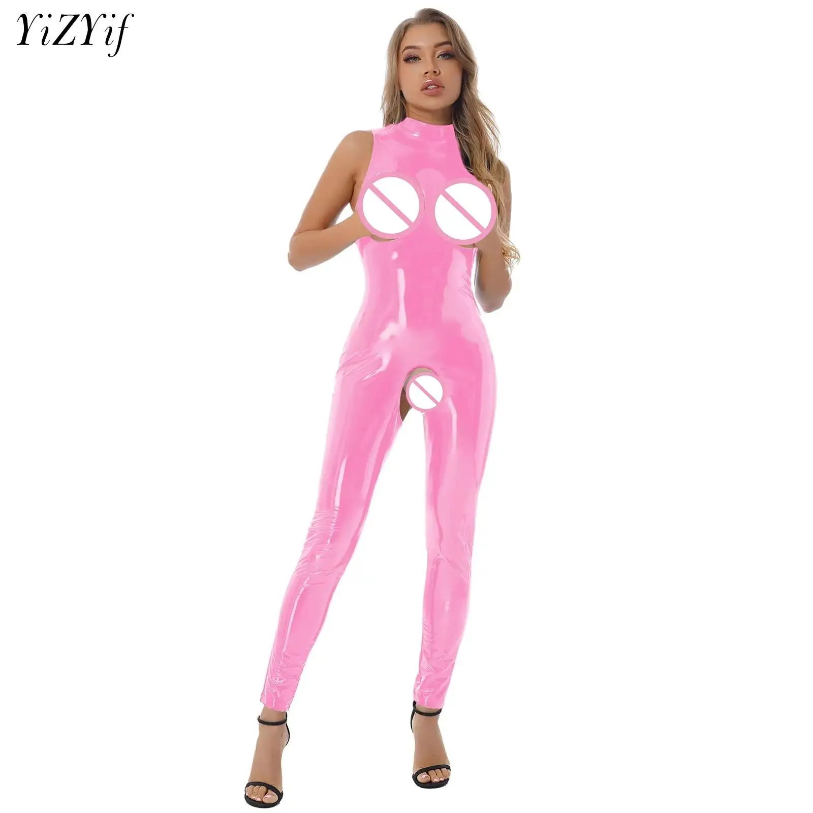 

Womens Open Cups Skinny Jumpsuits Glossy Patent Leather Crotchless Bodysuit Mock Neck Sleeveless Latex Catsuit Erotic Clubwear