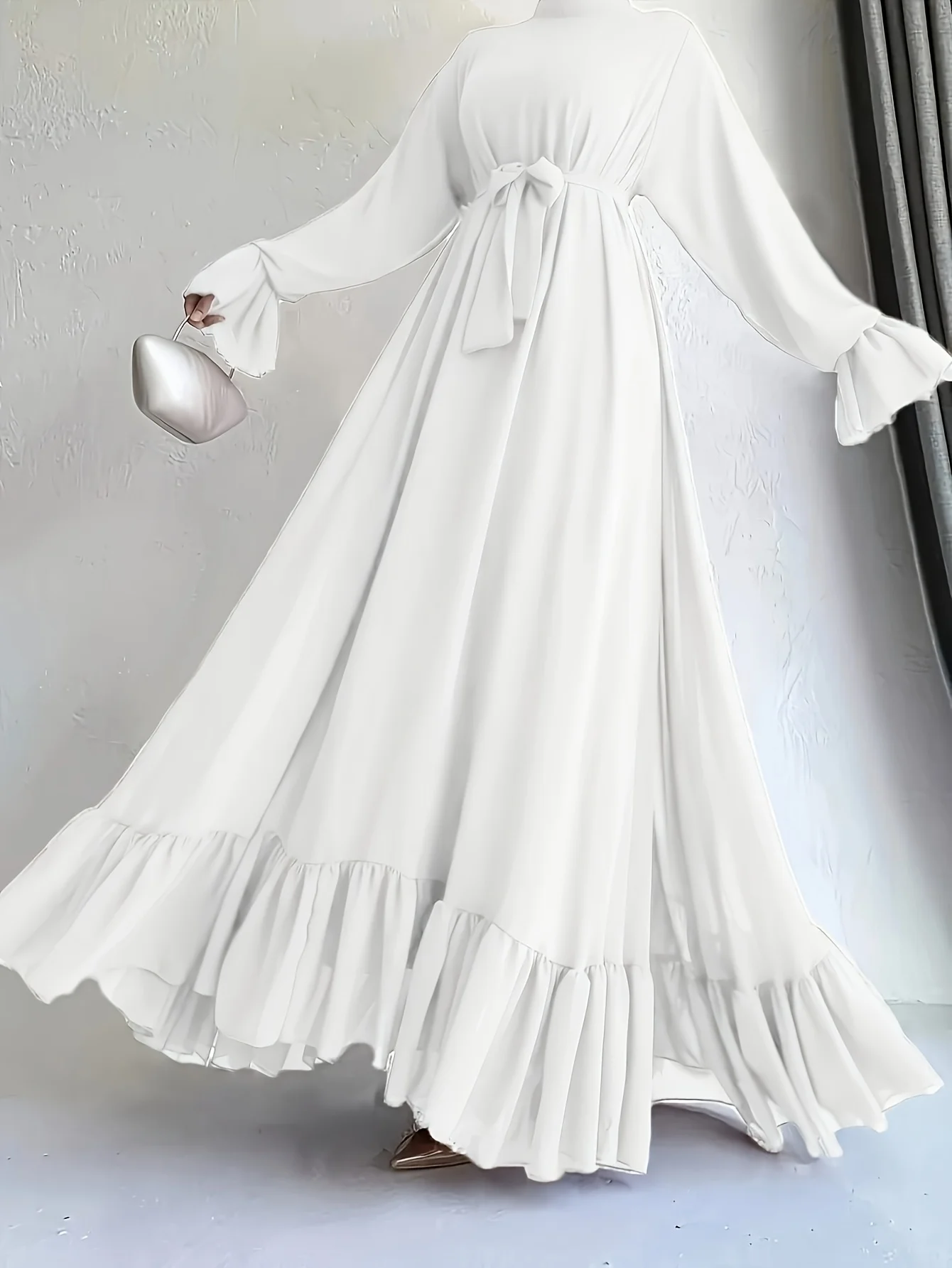 

Casual and elegant solid color loose strap round neck flared sleeve long sleeved patchwork pleated dress long skirt
